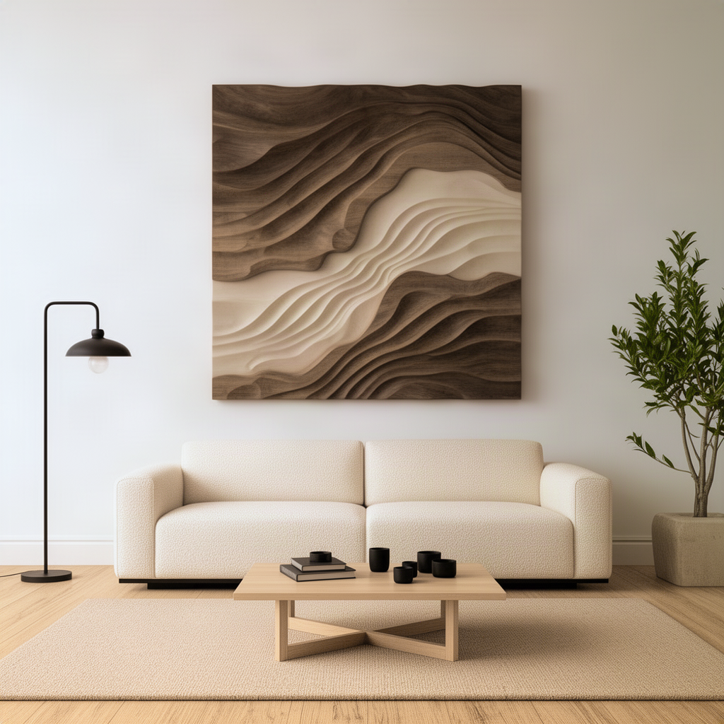 Sedora sculptural wood wall art as a square feature piece in a minimalist living room above a cream sofa and lamp