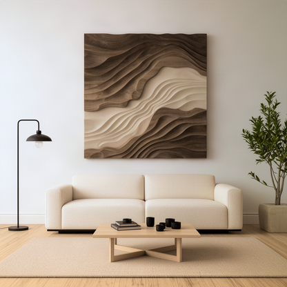 Sedora sculptural wood wall art as a square feature piece in a minimalist living room above a cream sofa and lamp