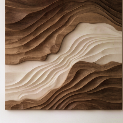 Close-up of the Sedora wall art showing thin contoured wood layers rippling like sand dunes around the cream river