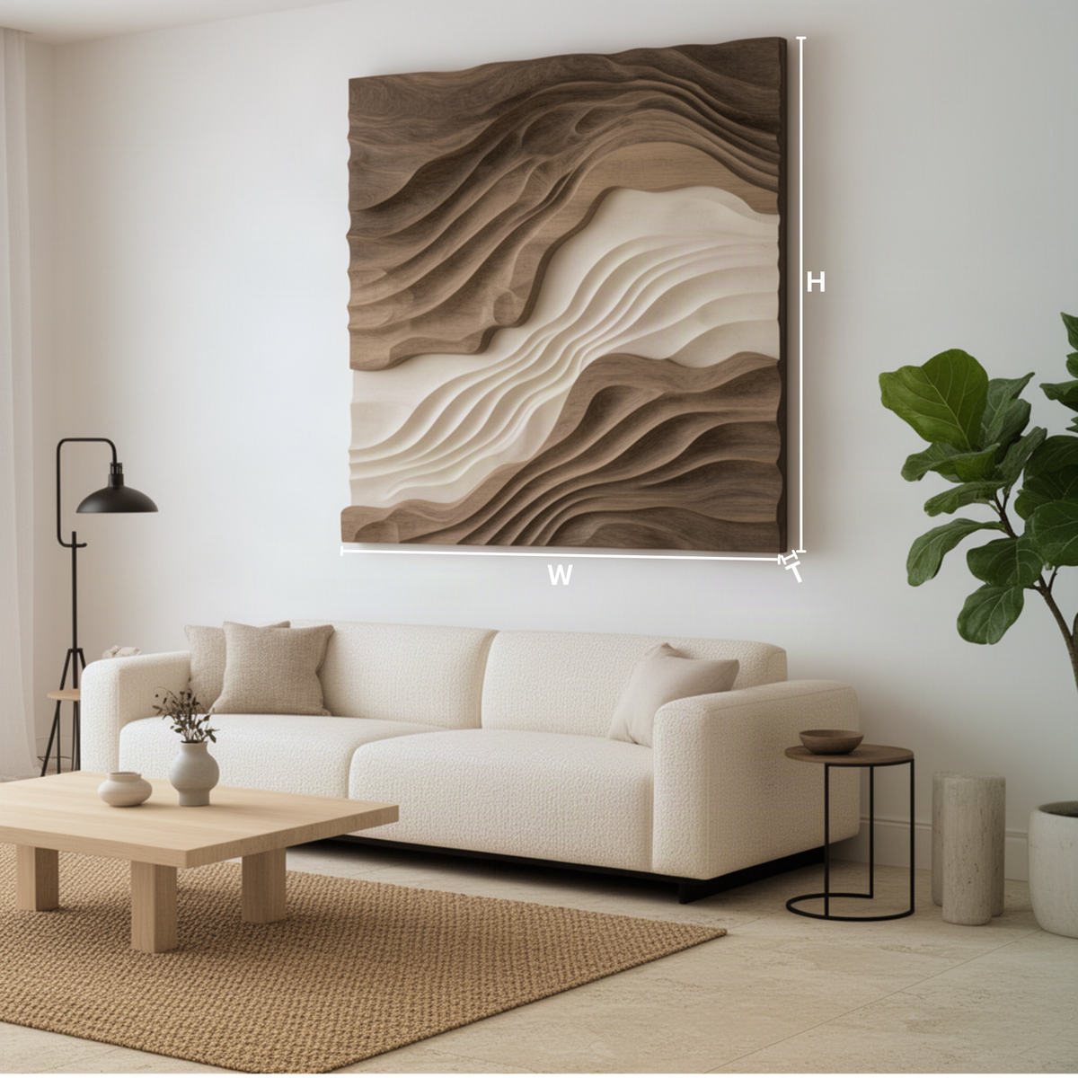 Sedora sculptural wood wall art dimensions diagram showing width, height and depth of the square layered panel