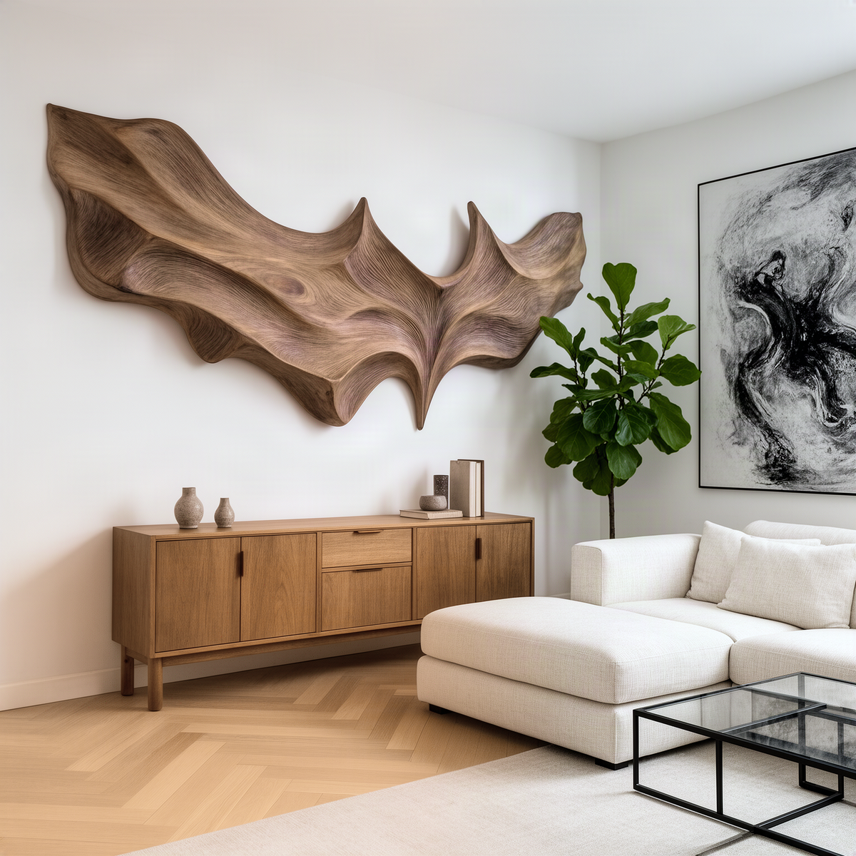 Vespera sculptural wood wall art in natural finish, carved bat wing sculpture above a wooden sideboard in a living room