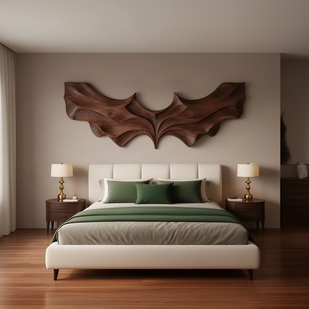 Vespera sculptural wood wall art in walnut finish, wide carved bat wings with flowing folds above a bedroom bed