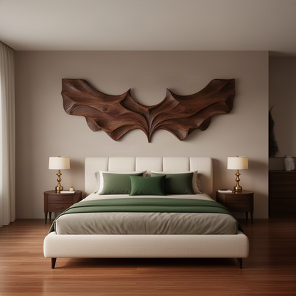 Vespera sculptural wood wall art in walnut finish, wide carved bat wings with flowing folds above a bedroom bed