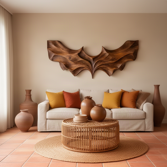 Vespera sculptural wood wall art in brown finish, bat wing relief sculpture above a sofa in a warm terracotta room