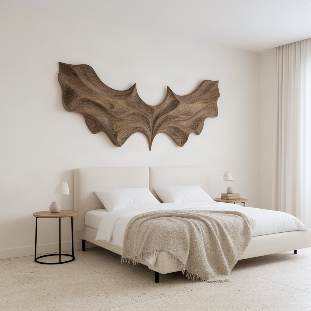 Vespera bat wing wood wall sculpture seen at an angle above a bed, showing deep carved folds and soft wall shadows
