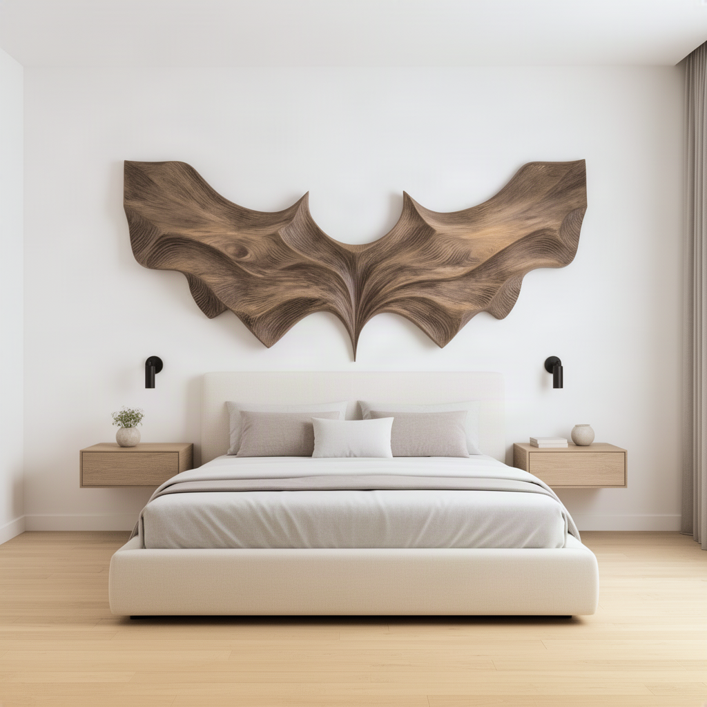 Vespera sculptural wood wall art centered above a bed between wall lights, a wide carved bat wing statement piece