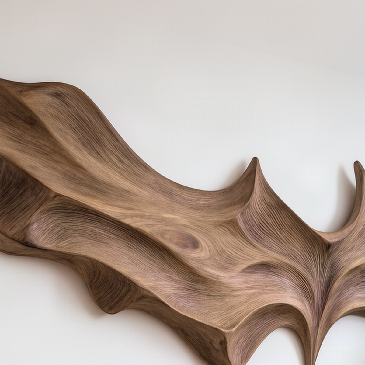 Close-up of the Vespera wall art showing hand-carved wing ridges, pointed tip and fine linear solid wood grain