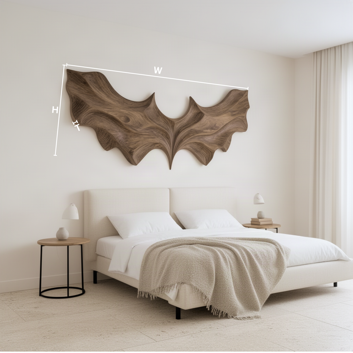 Vespera sculptural wood wall art dimensions diagram showing width, height and depth of the carved bat wing piece