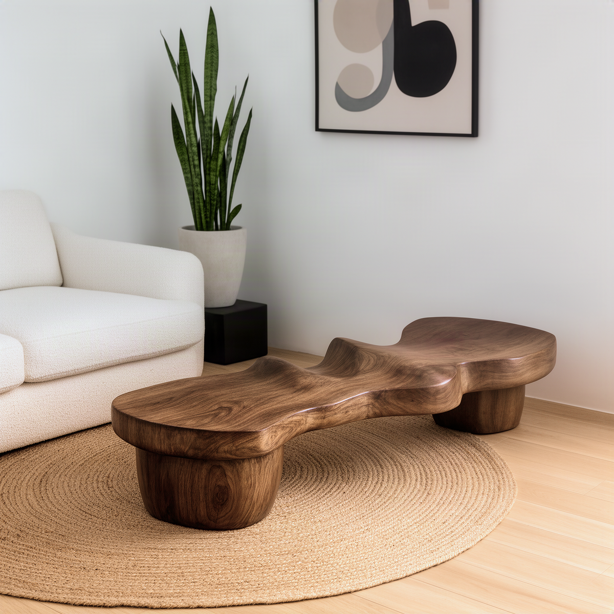 Undara sculptural wood bench in natural finish, wavy free-form solid wood slab on two rounded pedestal legs by a sofa