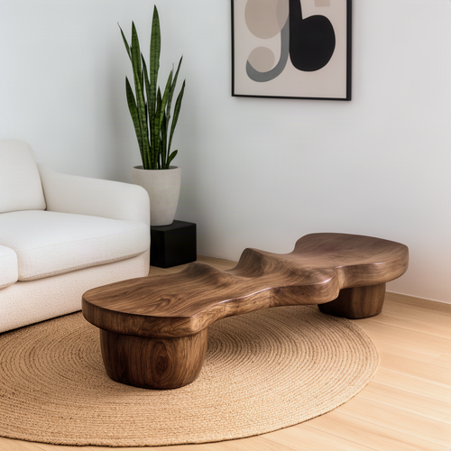Undara sculptural wood bench in natural finish, wavy free-form solid wood slab on two rounded pedestal legs by a sofa