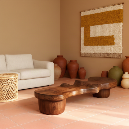Undara sculptural wood bench in brown finish, wavy organic slab with chunky legs in a warm terracotta living room