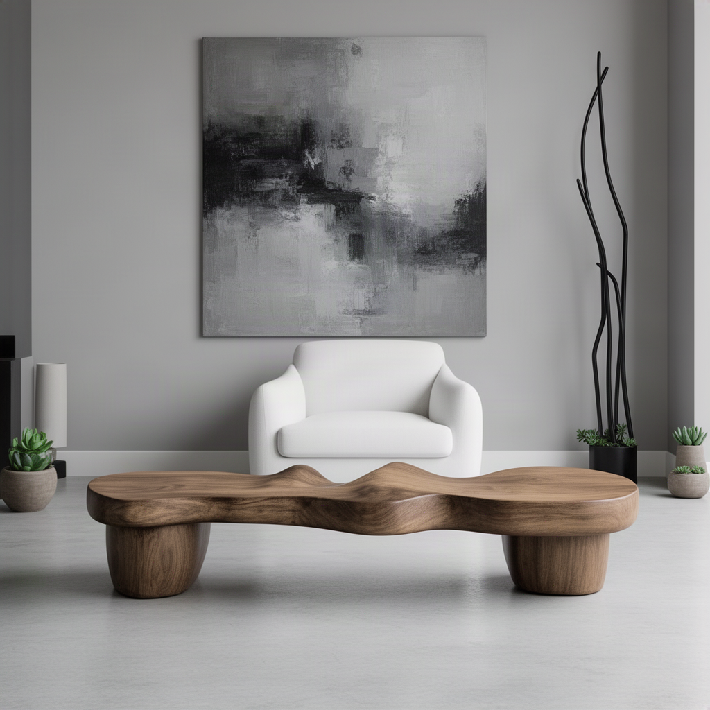Undara sculptural wood bench in a gallery-style room in front of an armchair and large artwork, a statement seat