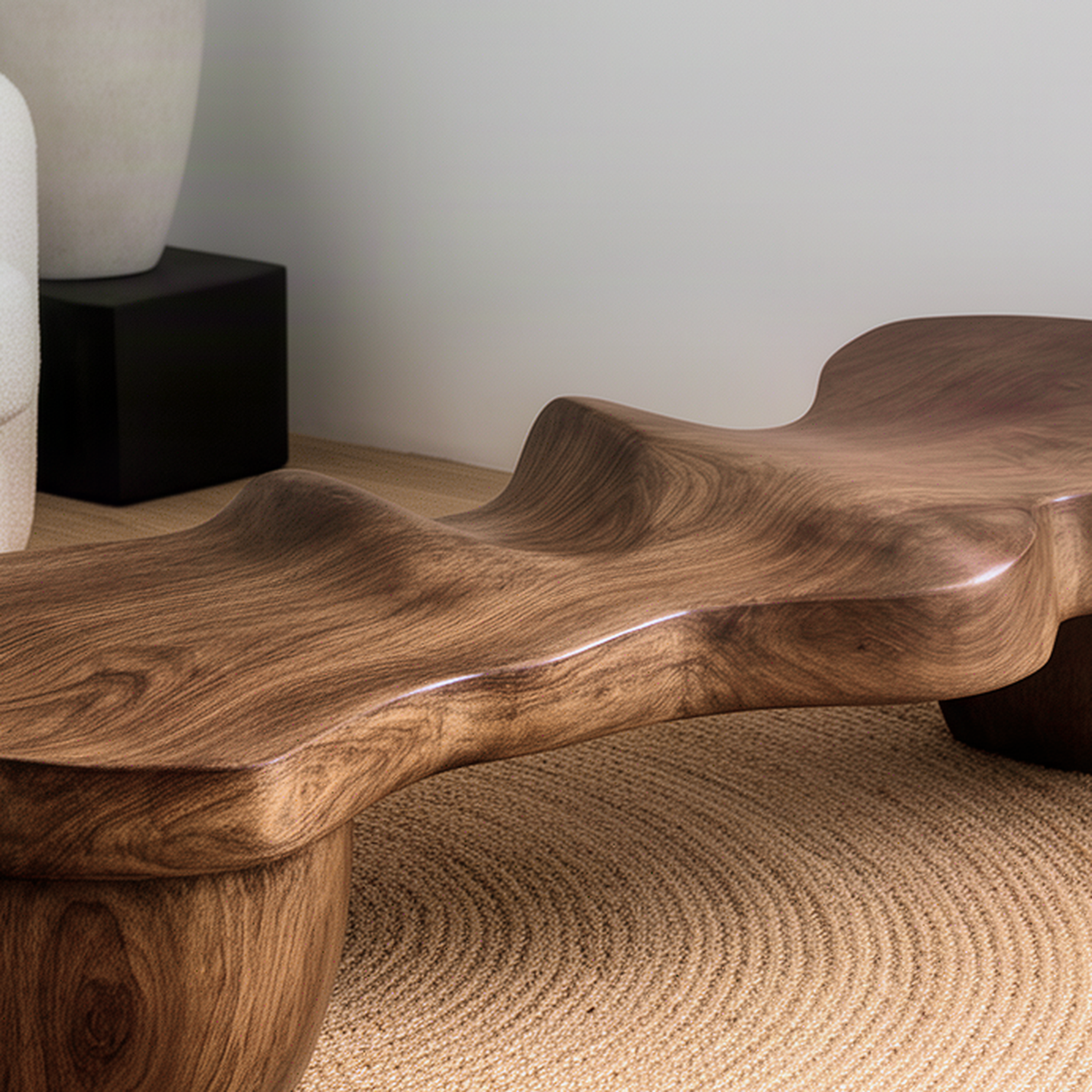 Close-up of the Undara bench showing the hand-carved waving top surface and rich flowing solid wood grain detail