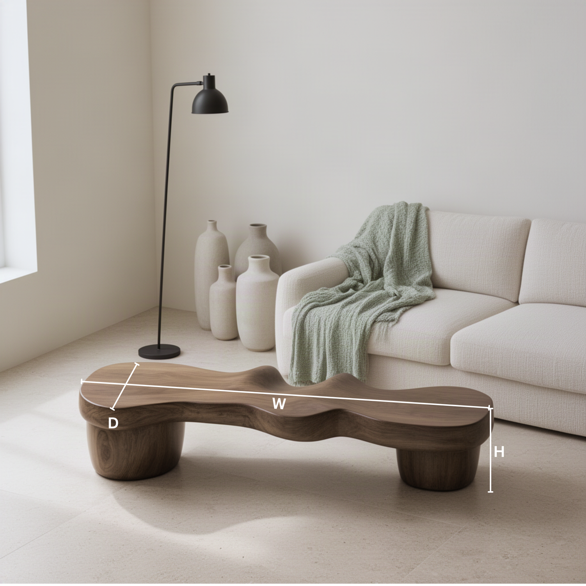 Undara sculptural wood bench dimensions diagram showing width, depth and height of the wavy slab and pedestal legs