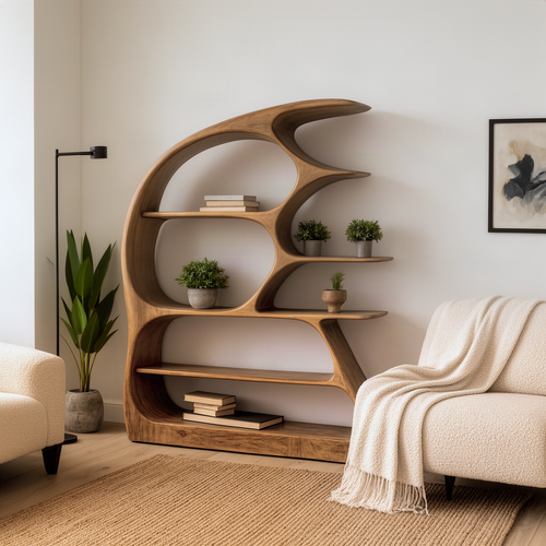 Arcuna sculptural wood bookshelf in natural finish, curling wave arc with flowing open shelves in a bright living room