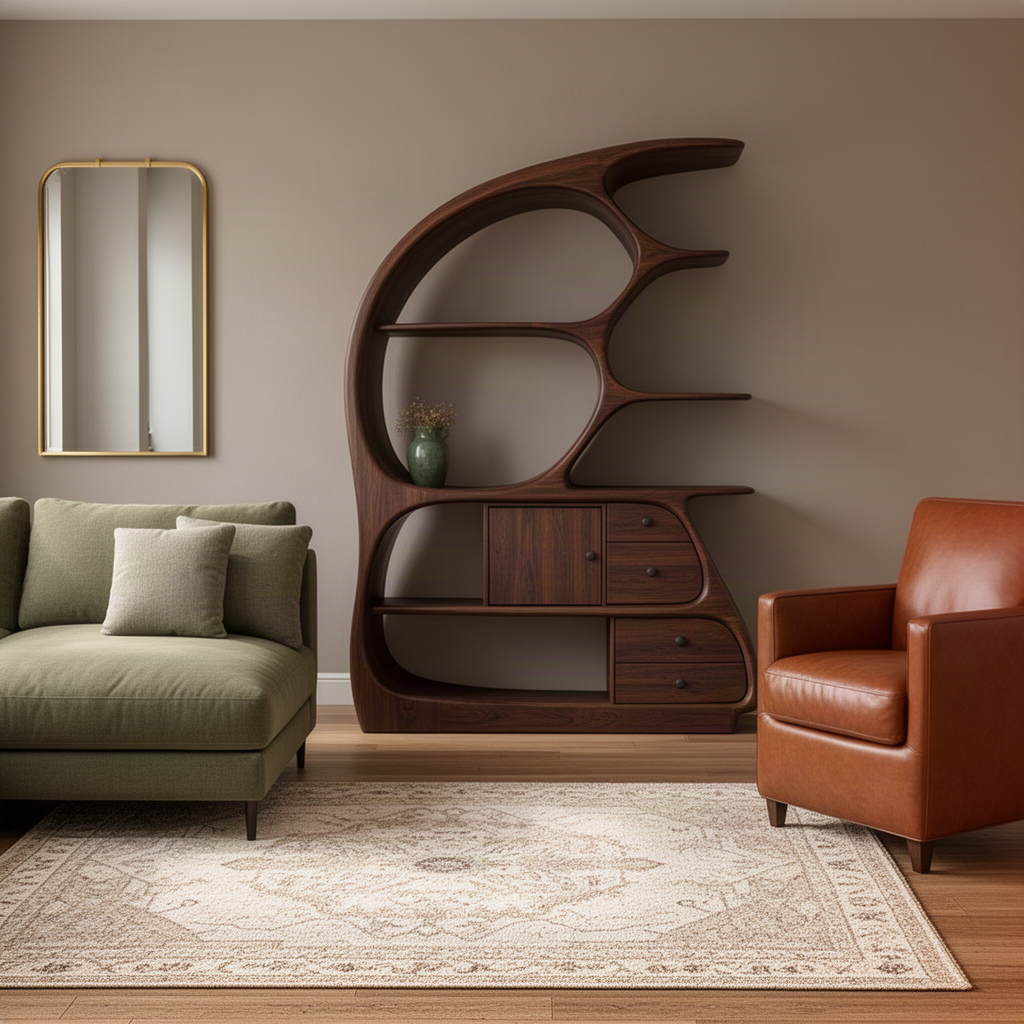 Arcuna sculptural wood bookshelf in walnut finish, sweeping curved arc shelving between a green sofa and armchair