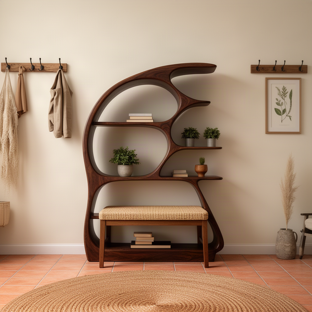 Arcuna sculptural wood bookshelf in brown finish, curved wave shelf in an entryway styled with plants and a bench