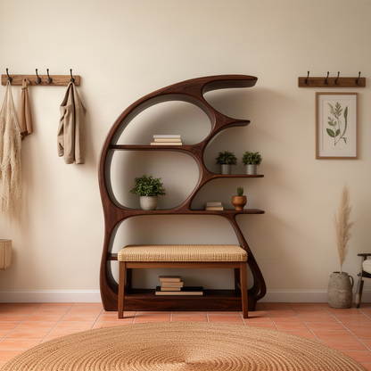 Arcuna sculptural wood bookshelf in brown finish, curved wave shelf in an entryway styled with plants and a bench