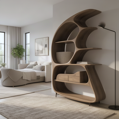 Arcuna curved wood bookshelf seen from an angle, showing the curling crest and rounded organic dividers in depth