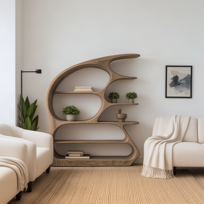 Arcuna sculptural wood bookshelf between armchairs in a calm living room, open curved shelves with books and plants