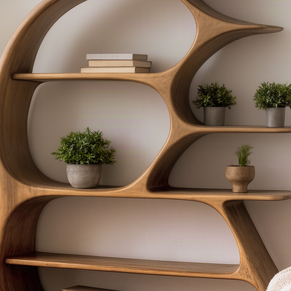 Close-up of the Arcuna bookshelf showing smooth rounded dividers flowing into the frame and natural solid wood grain
