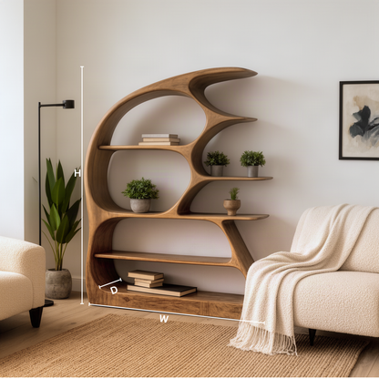 Arcuna sculptural wood bookshelf dimensions diagram showing height and depth of the curling wave arc shelving unit