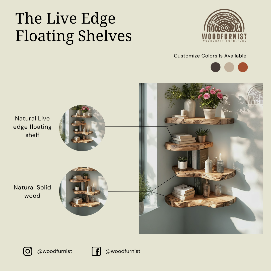 Live Edge Corner Floating Shelves – Handcrafted Solid Wood Corner Wall Storage WFNED2168