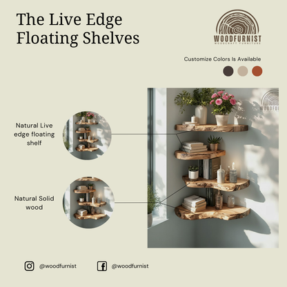Live Edge Corner Floating Shelves – Handcrafted Solid Wood Corner Wall Storage WFNED2168