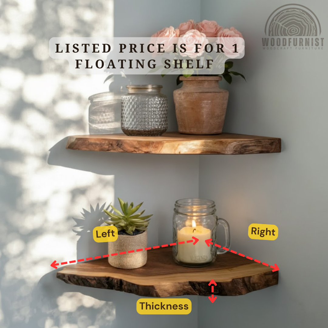 Live Edge Corner Floating Shelf – Handcrafted Solid Wood Wall Shelf for Natural Home Decor WFNED2166