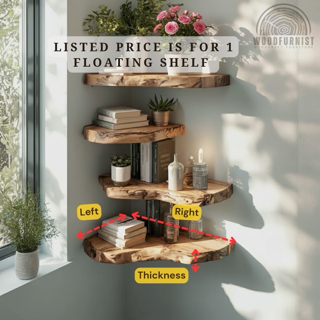 Live Edge Corner Floating Shelves – Handcrafted Solid Wood Corner Wall Storage WFNED2168