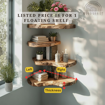 Live Edge Corner Floating Shelves – Handcrafted Solid Wood Corner Wall Storage WFNED2168