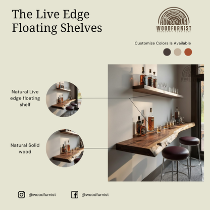 Live Edge Solid Wood Floating Bar Table – Handcrafted Wall-Mounted Bar Shelf WFNED2133