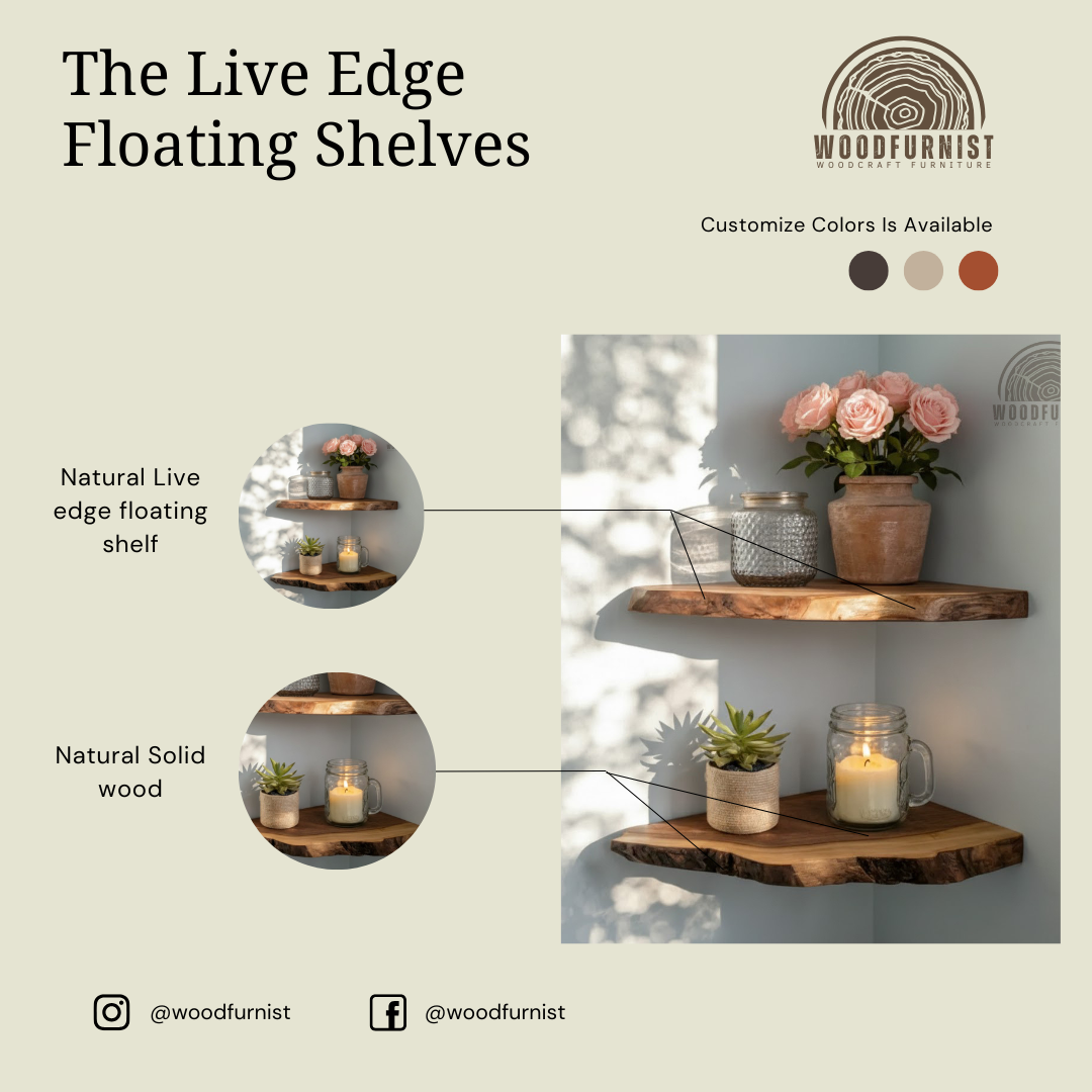 Live Edge Corner Floating Shelf – Handcrafted Solid Wood Wall Shelf for Natural Home Decor WFNED2166