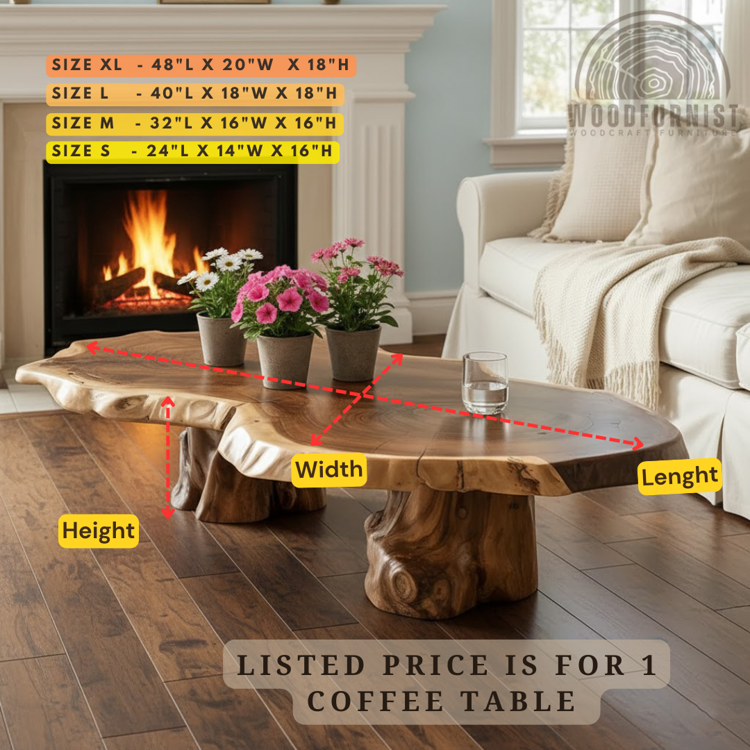 Handmade Live Edge Solid Wood Coffee Table – Organic Wood Slab Table with Natural Tree Base for Modern Farmhouse Living Room WFNED2178