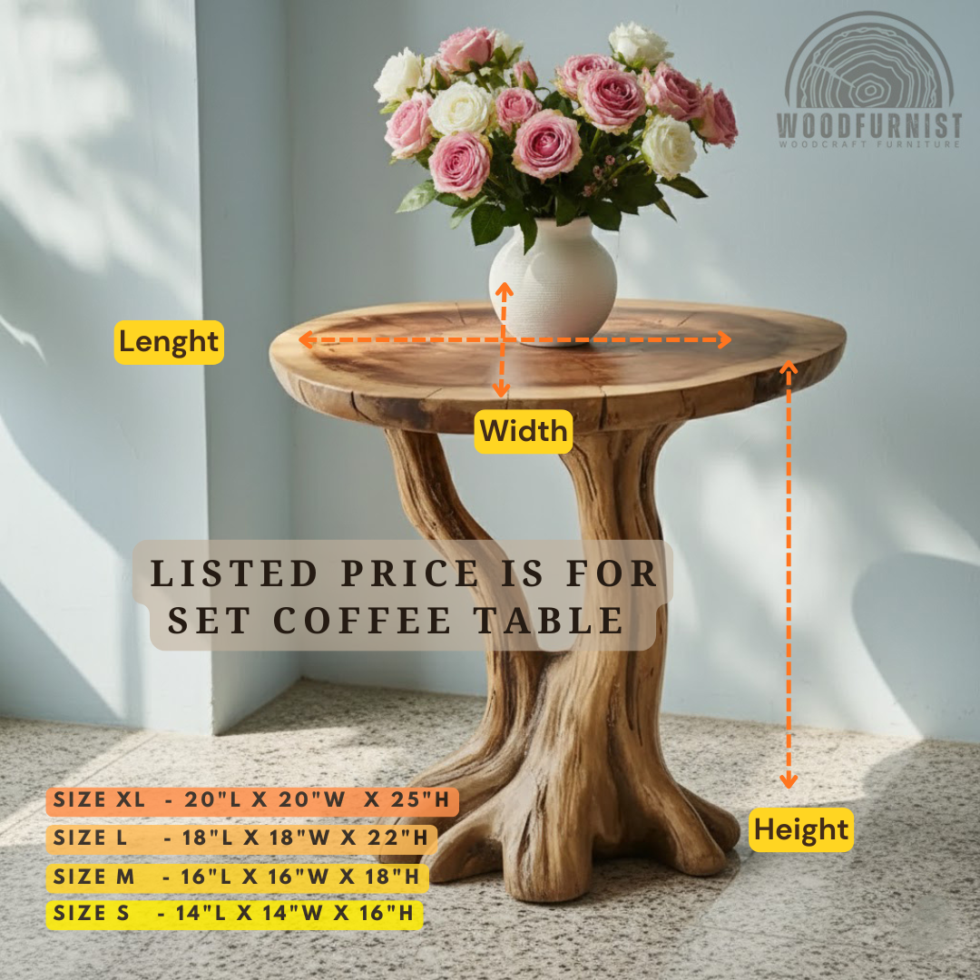 Handcrafted Solid Wood Round End Table – Sculptural Tree Root Base Living Room Table WFNED2109