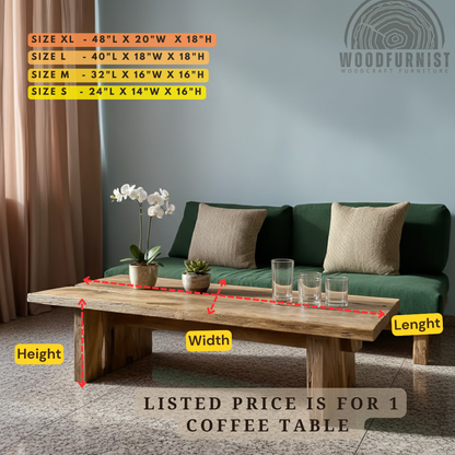 Handmade Live Edge Solid Wood Coffee Table – Rustic Minimalist Low Table for Modern Living Room WFNED2177