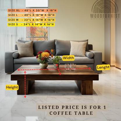 Handmade Solid Wood Coffee Table – Minimalist Rustic Low Table with Block Legs for Modern Living Room WFNED2176