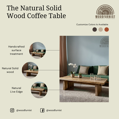 Handmade Live Edge Solid Wood Coffee Table – Rustic Minimalist Low Table for Modern Living Room WFNED2177