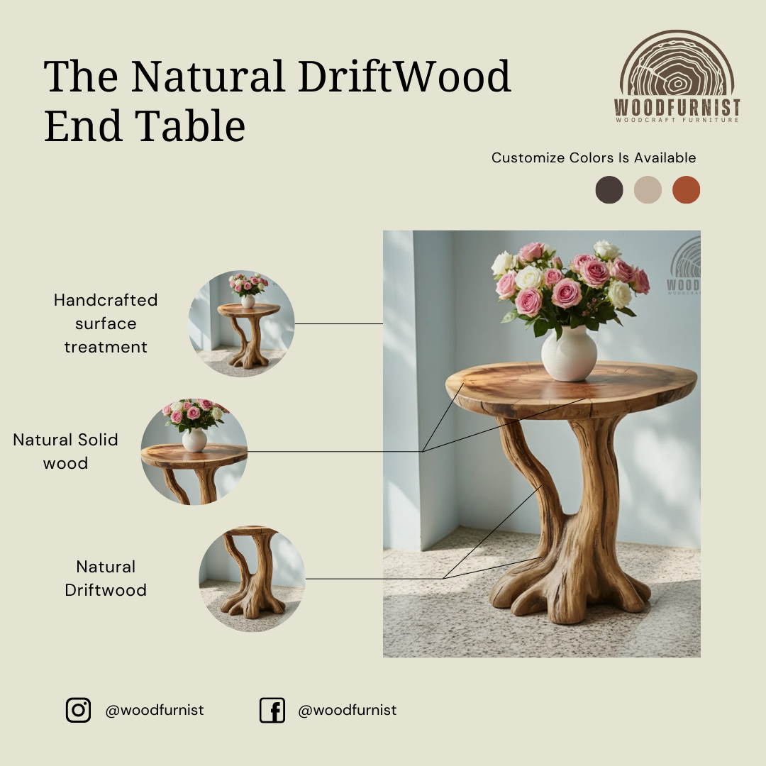 Handcrafted Solid Wood Round End Table – Sculptural Tree Root Base Living Room Table WFNED2109