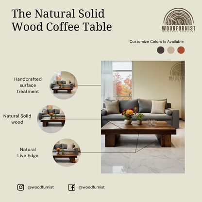 Handmade Solid Wood Coffee Table – Minimalist Rustic Low Table with Block Legs for Modern Living Room WFNED2176