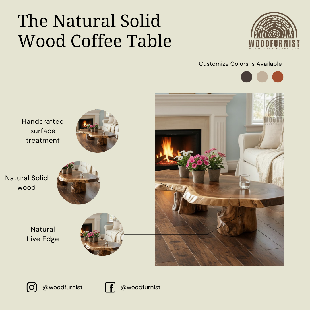 Handmade Live Edge Solid Wood Coffee Table – Organic Wood Slab Table with Natural Tree Base for Modern Farmhouse Living Room WFNED2178