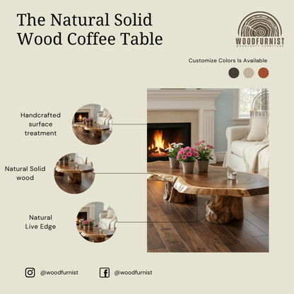 Handmade Live Edge Solid Wood Coffee Table – Organic Wood Slab Table with Natural Tree Base for Modern Farmhouse Living Room WFNED2178
