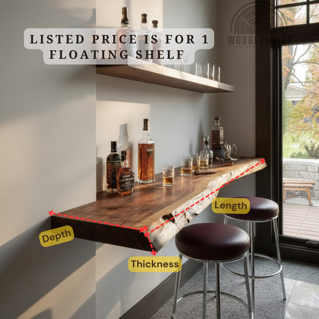 Live Edge Solid Wood Floating Bar Table – Handcrafted Wall-Mounted Bar Shelf WFNED2133