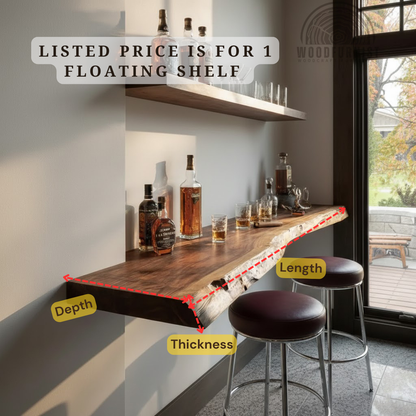 Live Edge Solid Wood Floating Bar Table – Handcrafted Wall-Mounted Bar Shelf WFNED2133