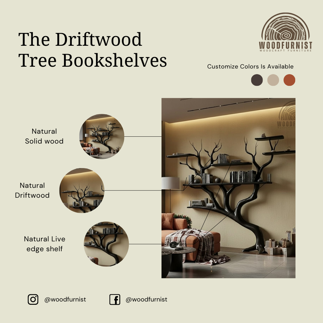 Modern Black Tree Branch Bookshelf – Handmade Wall Shelf Statement Piece WFNVA2039