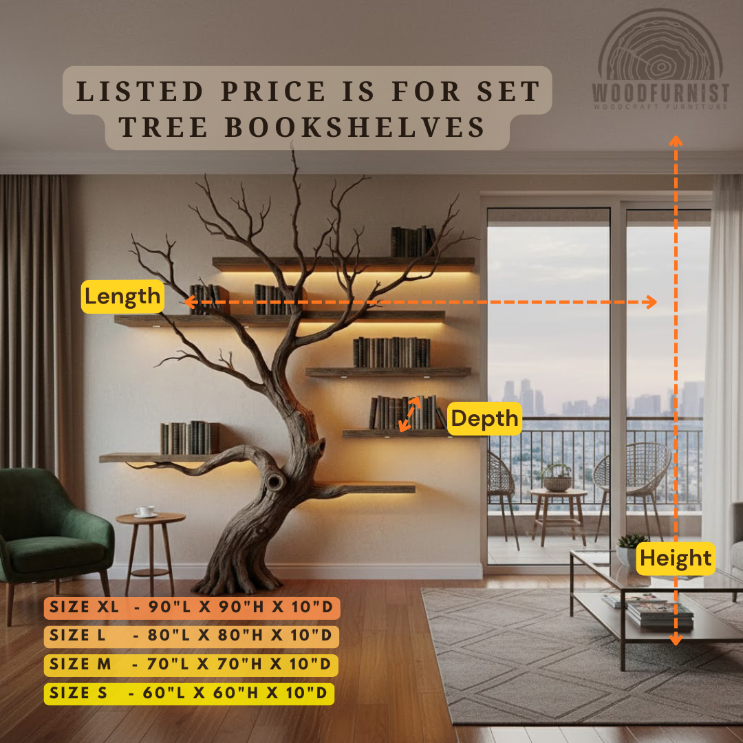 Handcrafted Floor-Standing Tree Bookshelf with Warm LED Lighting – Sculptural Solid Wood Bookcase WFNVA2092