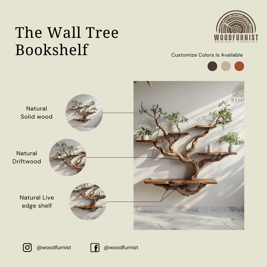 Floating Bookshelf – Tree Branch Wall-Mounted Bookcase for Rustic Home Decor WFNED2111