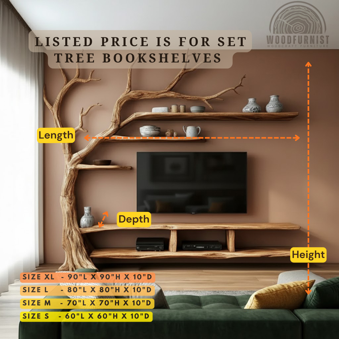 Handcrafted Tree Branch TV Wall Unit – Solid Wood Entertainment Shelf WFNVA2058