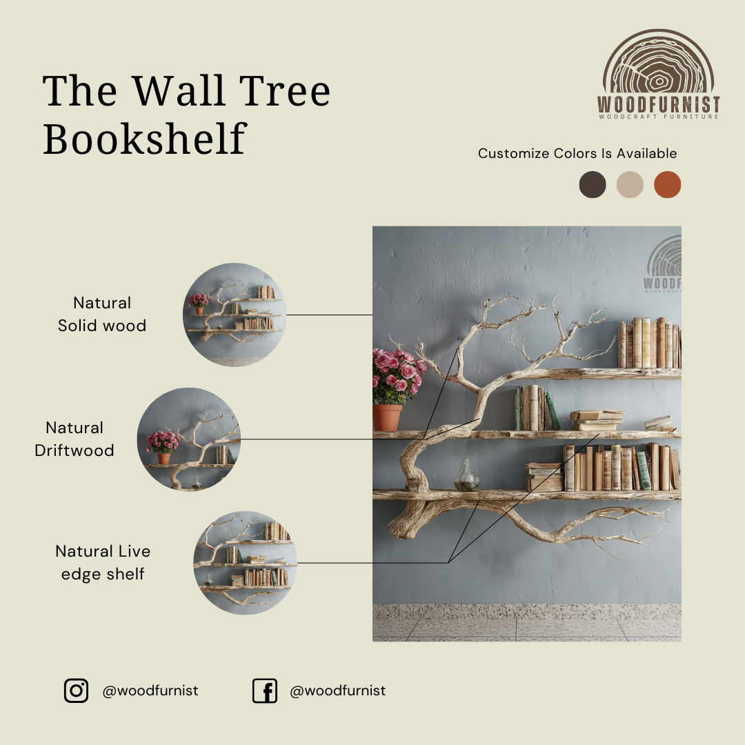 Corner Tree Floating Bookshelf – Driftwood Branch Wall Mounted Hanging Shelf, Artistic Corner Furniture Decoration WFNED2112