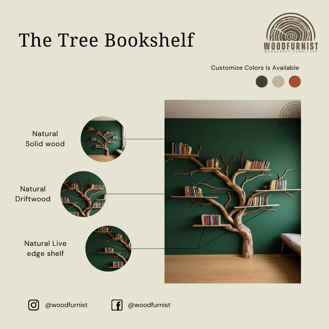 Wooden Tree Branch Bookshelf – Handmade Wall Shelf for Books & Decor WFNVA2055